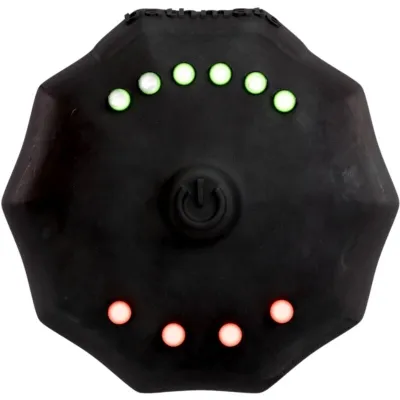 Black device with green and red LED light circuit and central on/off switch.