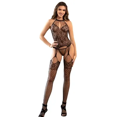 Mesh bodystocking without crotch, with floral details and black halter neck – Subblime