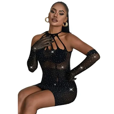 Mesh bodystocking with rhinestones and black gloves – Subblime
