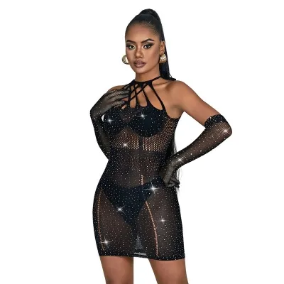 Mesh bodystocking with rhinestones and black gloves – Subblime