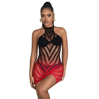 Red and Black Elastic Mesh Bodystocking with Cut-Off Detail – Subblime