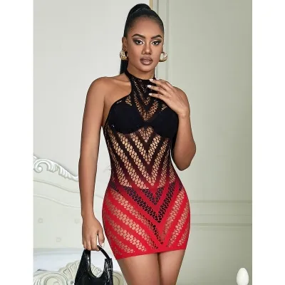 Red and Black Elastic Mesh Bodystocking with Cut-Off Detail – Subblime