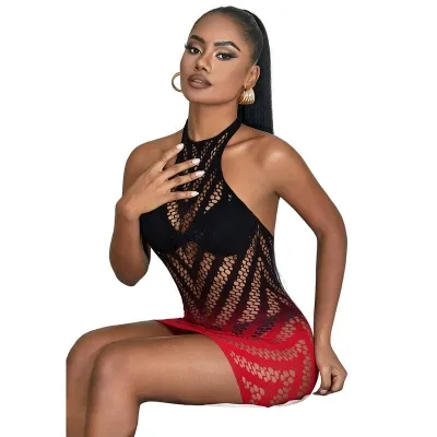 Red and Black Elastic Mesh Bodystocking with Cut-Off Detail – Subblime