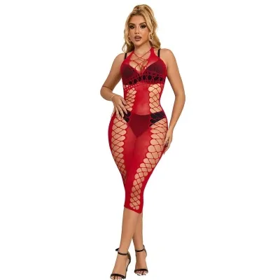 Woman in a red, openwork dress with black details and high heels.