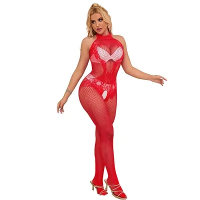 Bodystocking Aus Netz + Spitze Mit Hohem Kragen Ouvert Rot – Subblime