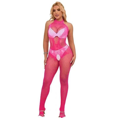 Person in a pink mesh bodysuit with cutouts and high heels.
