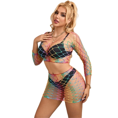 SUBBLIME - 952440 2-TEILIGER NETZ-BODYSTOCKING LANGARM REGENBOGEN EINE GRÖSSE