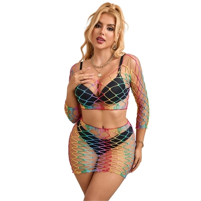 SUBBLIME - 952440 2-TEILIGER NETZ-BODYSTOCKING LANGARM REGENBOGEN EINE GRÖSSE