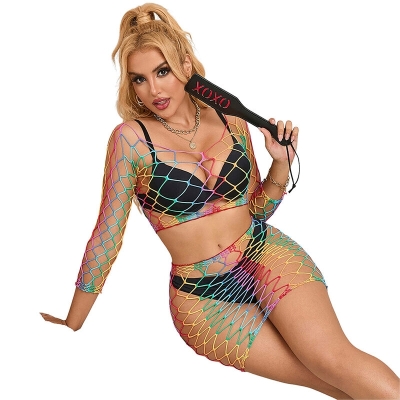 SUBBLIME - 952440 2-TEILIGER NETZ-BODYSTOCKING LANGARM REGENBOGEN EINE GRÖSSE