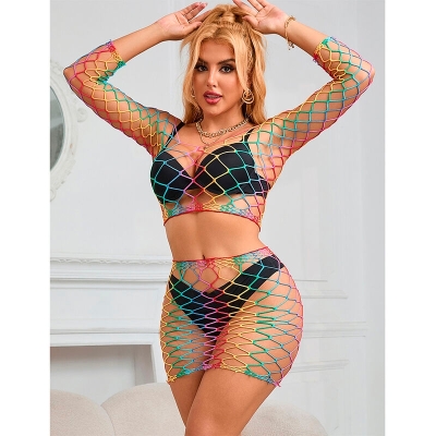 SUBBLIME - 952440 2-TEILIGER NETZ-BODYSTOCKING LANGARM REGENBOGEN EINE GRÖSSE