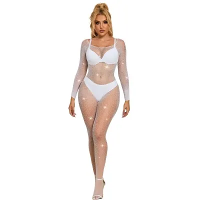 Woman in white mesh jumpsuit with bra and panties, standing in front of a white background.