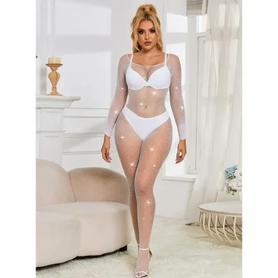 Mesh Bodystocking With Diamonds Long Sleeve White – Sublime