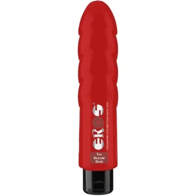 Red bottle labeled "EROS Toy Silicone Glide", black cap.