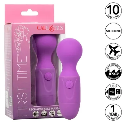 Purple rechargeable massage wand in packaging, 10 functions, waterproof, silicone, USB, 1 year warranty.