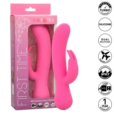 Pinkes Vibrator-Spielzeug in Verpackung, mit Symbolen für Turbo, Silikon, Dualmotoren, Reisesperre, wasserdicht, USB, Garantie.