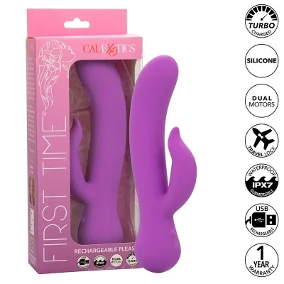 Lila Vibrator in Verpackung, mit Turbo, Silikon, Dualmotoren, wasserdicht, USB-aufladbar, 1 Jahr Garantie.