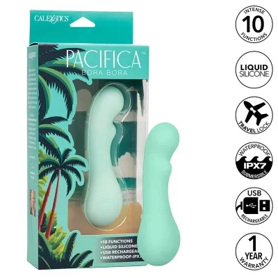 Mintgrüner Vibrator in Verpackung mit Palmenmotiv, 10 Funktionen, wasserdicht, USB-aufladbar, 1 Jahr Garantie.