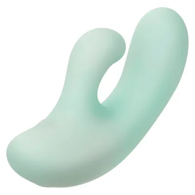 Mint green, ergonomically shaped silicone vibrator with two rounded ends.