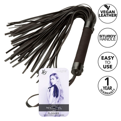 Black flogger with vegan leather, sturdy handle, easy to use, 1-year warranty. Packaging with model image.
