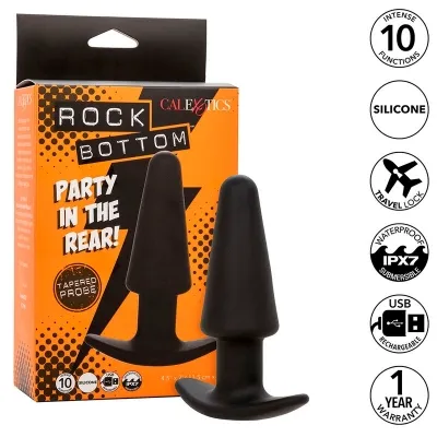 Packaging of a black silicone plug with 10 functions, waterproof, USB rechargeable, 1 year warranty.