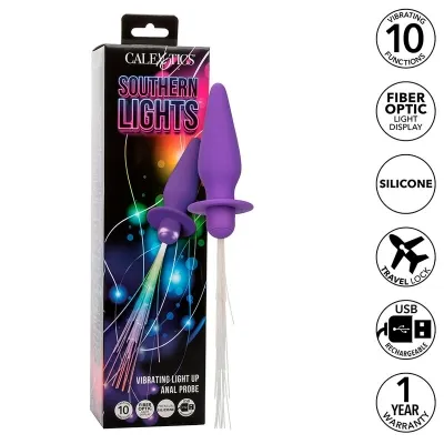 Lila vibrierender Analplug mit Lichtfasern, Verpackung und Symbole für Funktionen, USB-Aufladung und Garantie.