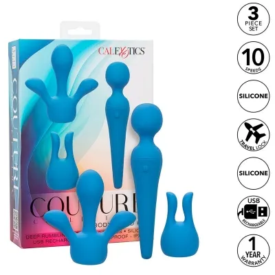 Blue massager set with three attachments; packaging shows product details such as silicone material and 10 speeds.