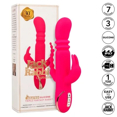 Pink vibrator toy next to packaging with features: 7 modes, 3 speeds, waterproof, USB rechargeable.