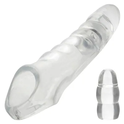 Transparent, ribbed silicone finger-shaped attachment, with a smaller view next to it.