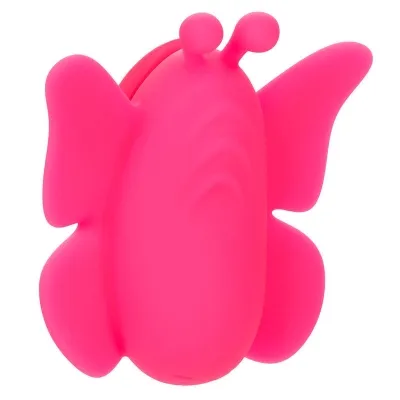 Pink butterfly-shaped object with rounded wings and antennae.