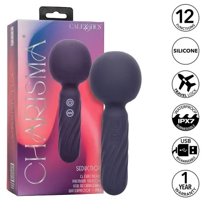 Purple massager with packaging, 12 functions, silicone, waterproof, USB rechargeable, 1 year warranty.