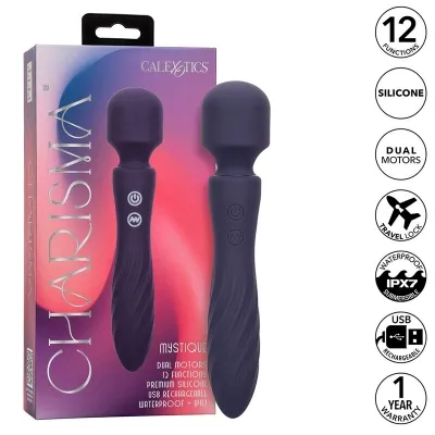 Purple massager with packaging, 12 functions, silicone, dual motors, waterproof, USB rechargeable, 1 year warranty.