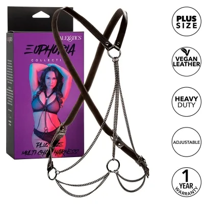 Verpackung und Plus-Size-Geschirr mit Ketten, veganem Leder, verstellbar, 1 Jahr Garantie, Euphoria-Kollektion.