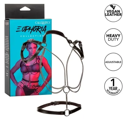 Packaging and chain harness made of vegan leather, adjustable, with a 1-year warranty.