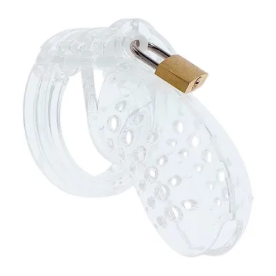 Transparent chastity cage with padlock, made of plastic, with ventilation holes.