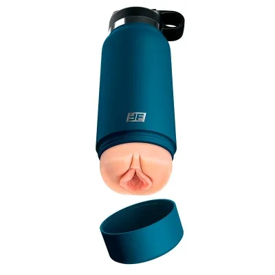 Blauer Becher mit abnehmbarem Deckel, der ein anatomisches Design im Inneren zeigt.