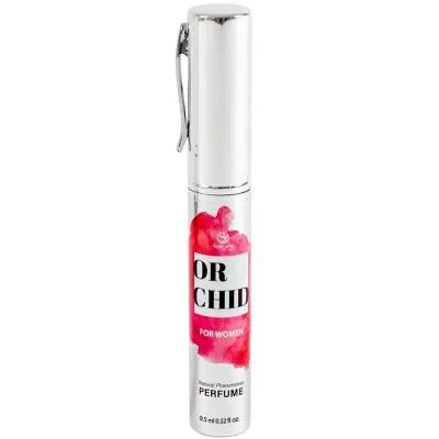 Silberne Parfümflasche mit rotem Etikett, Aufschrift "Orchid for Women", 9,5 ml.