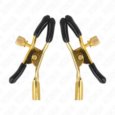 Two golden clamps with black handles and screw mechanism, on a white background.
