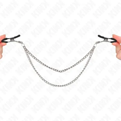 Two hands are holding clamps with a double metal chain between them.