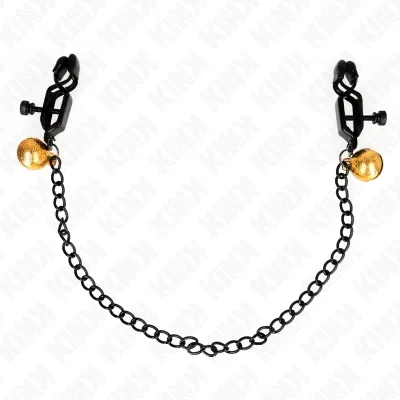 Black clips with chain and golden bells at the ends, on a white background.