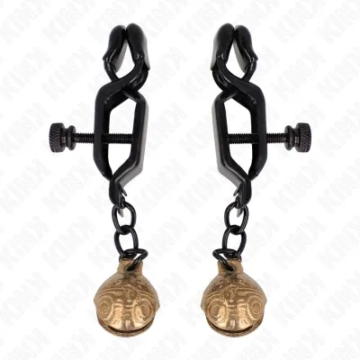 Two black clamps with screw closures and golden bell pendants.