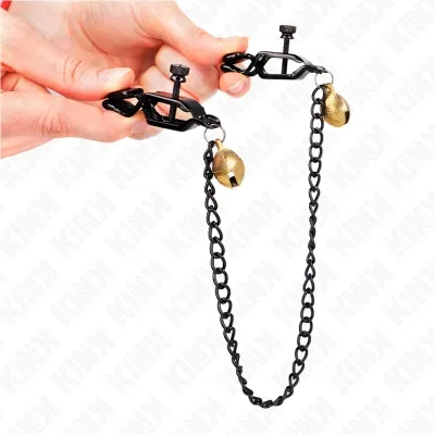 Flat chain nipple clamps and bell, silver, 30cm – Kink