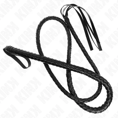 Black braided whip with multiple straps on a white background.