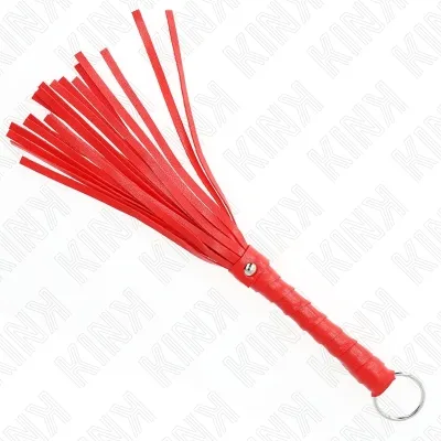 Red leather whip with fringe and handle, on a white background.