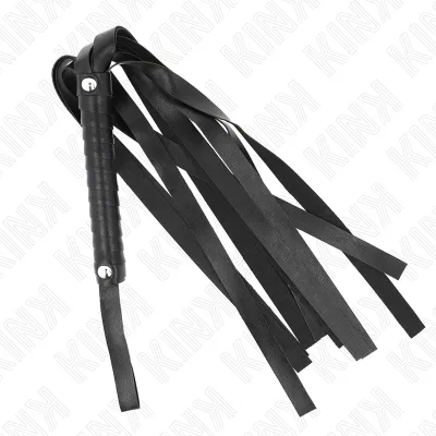Black leather whip with multiple straps and a handle, on a white background.