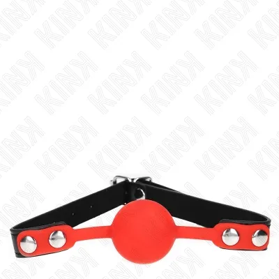 Red ball gag with black strap and silver studs on a white background.
