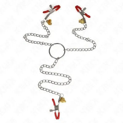 Metal chain with three red clips and small bells, connected by a ring.