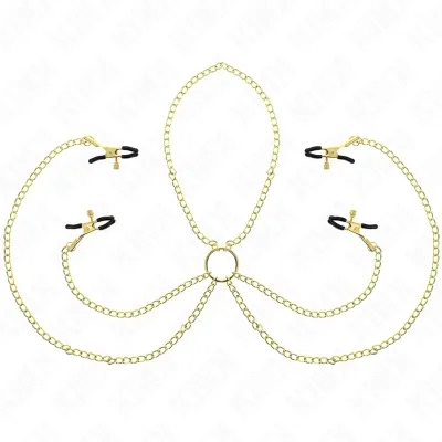 Golden chains with four black clasps attached to a central ring, on a white background.