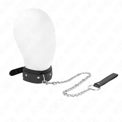 Black collar with chain and handle on a white background.