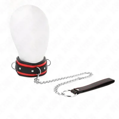 Black and red collar with chain and handle on a white background.
