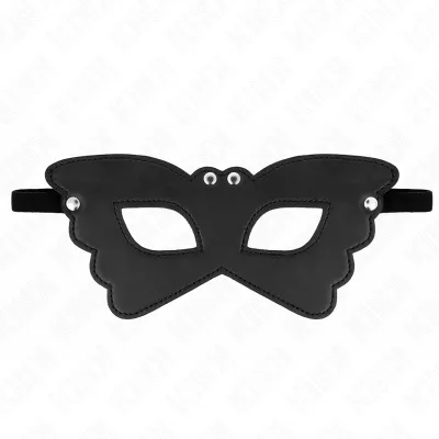 Black eye mask with wing design and studs, on a white background.